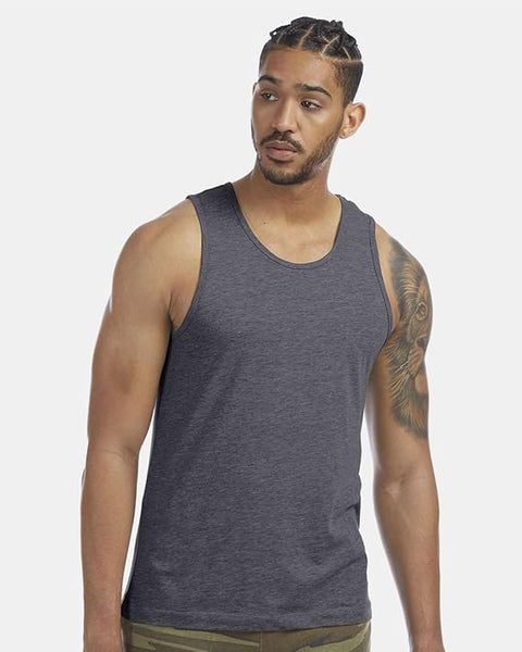Man wearing a gray tank top on a white background