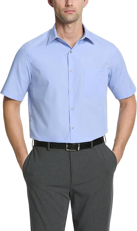 Van Heusen Men's  Blue Short Sleeve Poplin Solid Point Collar Dress Shirt | Van Heusen In Lebanon