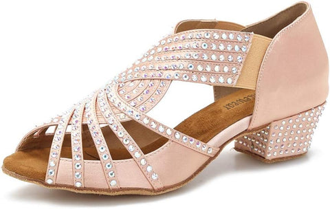 Pink sandal with rhinestone embellishments on a white background