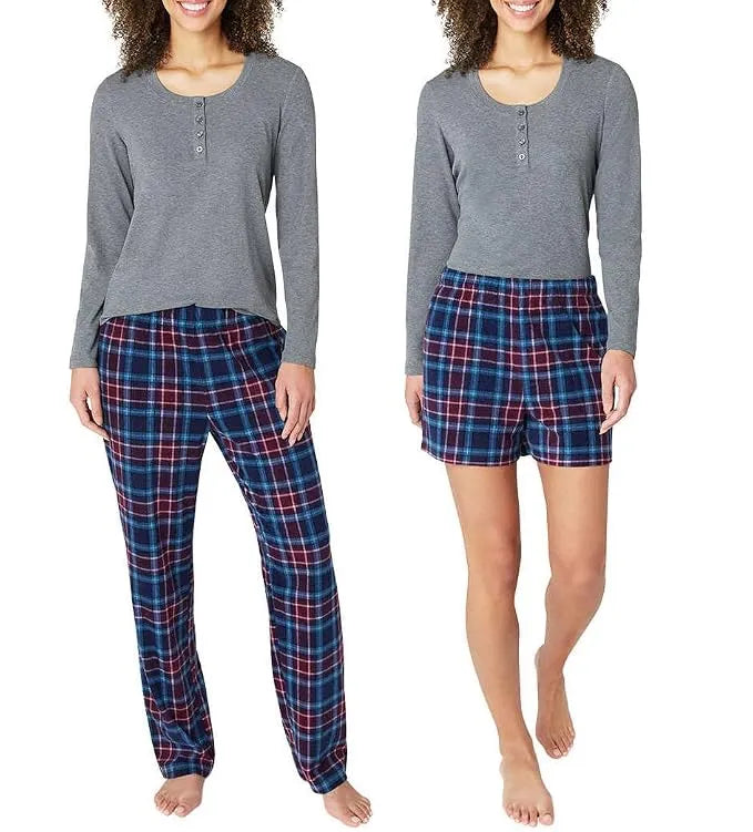 Eddie Bauer Women's Red Plaid Pattern 3 Piece Waffle Knit Long Sleeve Henley, Matching Pants And Short Pajama Set