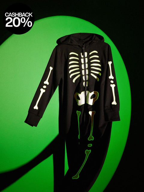 Black hoodie with skeleton design on a green background