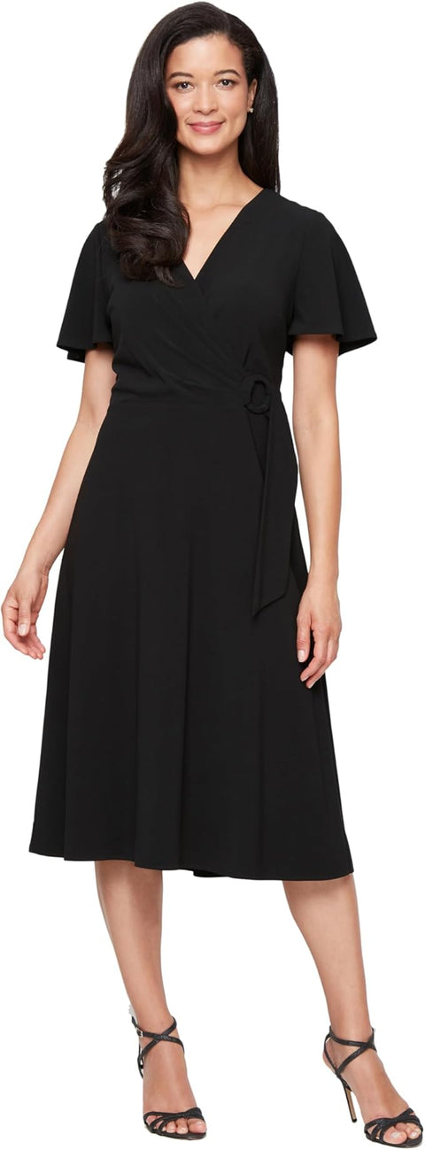 S.L. Fashions Women’s Black Plus Size Petite Sleeve Faux Wrap Midi Dress | S.L. Fashions in Lebanon