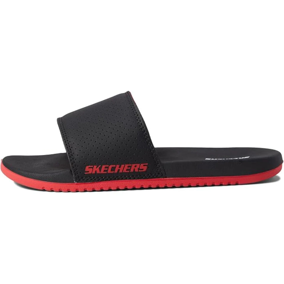 A Skechers slide sandal in black with a red outsole and red logo on the strap, shown from a side profile view against a white background.