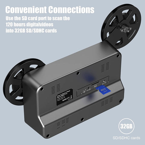 EU 8mm & Super 8 Film to Digital Converter, Film Scanner Digitizer with 2.4" Screen, Convert 3” 5” 7” 9” Reels into 1080P Digital MP4 Files,Sharing & Saving on 32GB SD Card AM77