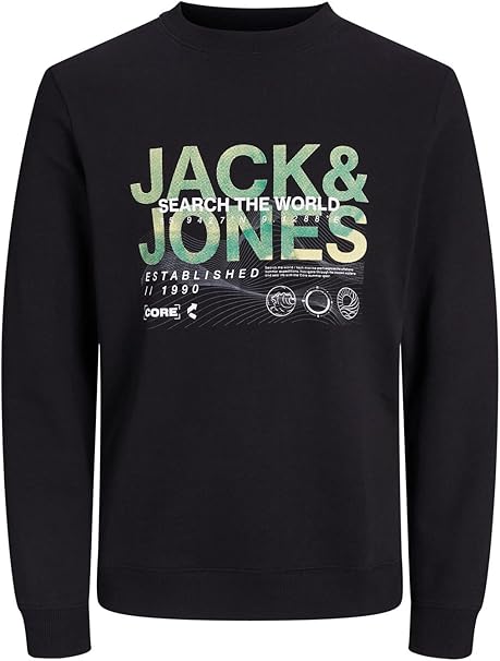 Black sweatshirt with 'Jack & Jones' logo and text on a white background