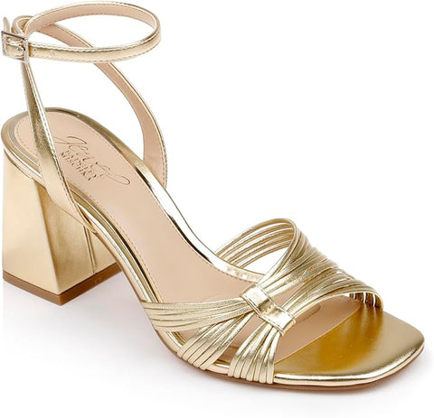 Gold high-heeled sandal on a white background