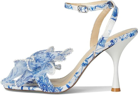 Betsey Johnson Women's Blue & White Floral Fawn Mesh Bow Heeled Sandals |Betsey Johnson In Lebanon