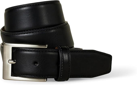 Black leather belt with a silver buckle on a white background