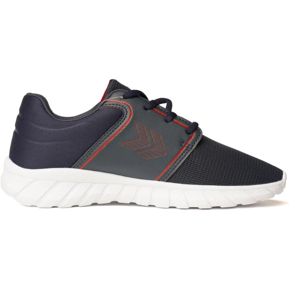 A low-top athletic sneaker in navy blue and dark gray with red accents, featuring a white sole, shown from a side profile on a white background.