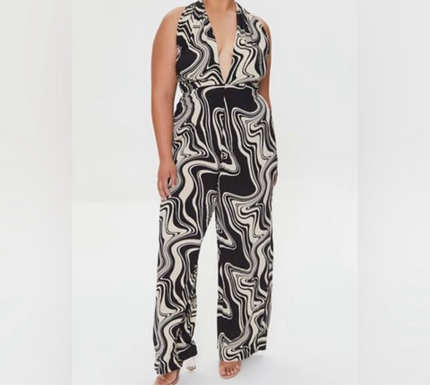 Forever 21 Women's Beige & Black Printed Halter V Neck Jumpsuit |Forever 21 In Lebanon