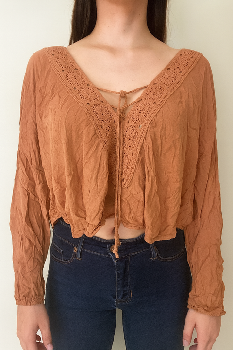 Forever 21 Women's Camel V Neck Long Sleeve Blouse |Forever 21 In Lebanon