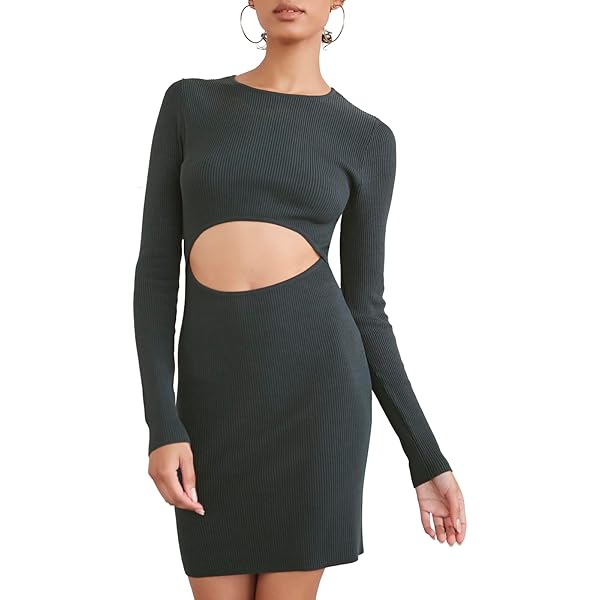 Forever 21 Women's Dark Green Cut-Out Long Sleeves Ribbed Dress |Forever 21 In Lebanon