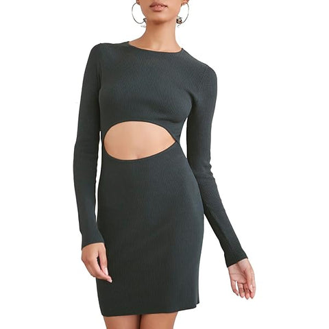 Forever 21 Women's Dark Green Cut-Out Long Sleeves Ribbed Dress |Forever 21 In Lebanon