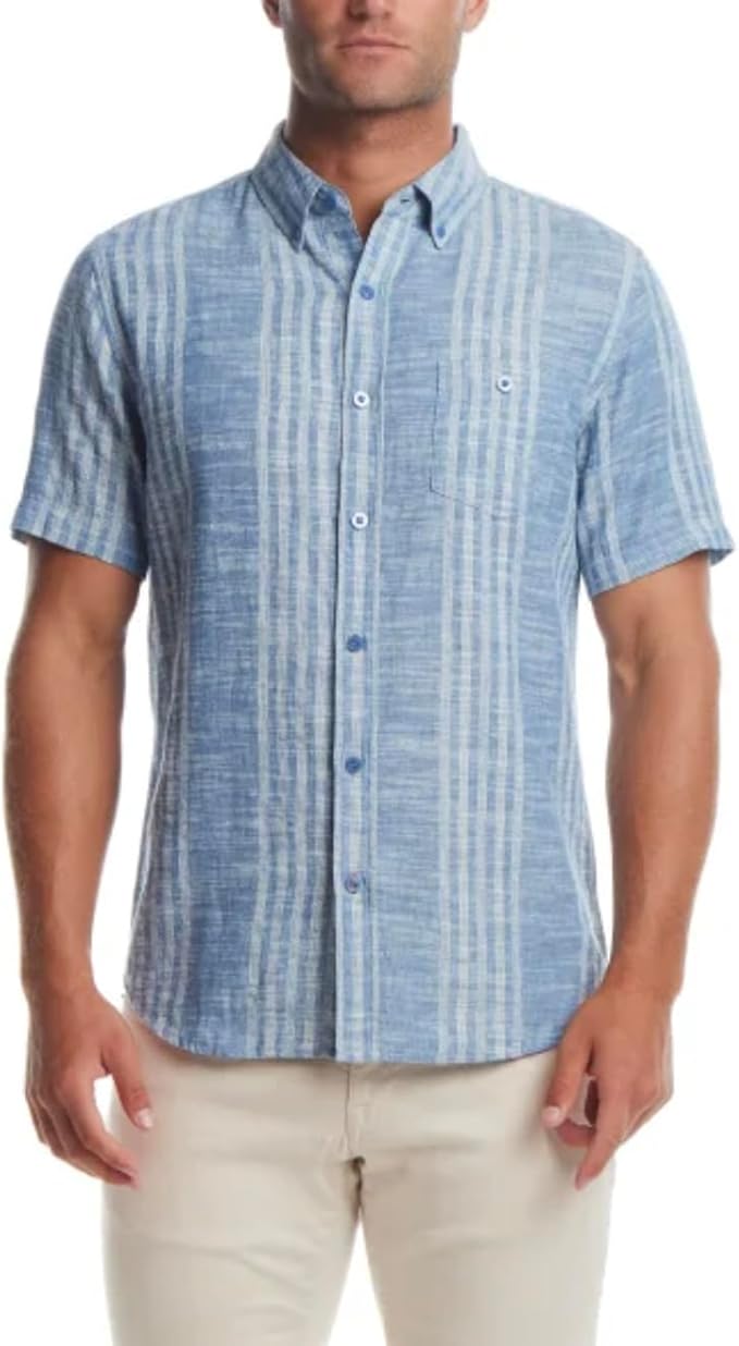 Weatherproof Vintage Men's Blue Short Sleeve Linen Cotton Blend Woven Button Down Shirt | Weatherproof Vintage in Lebanon