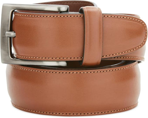 Brown leather belt with silver buckle on a white background