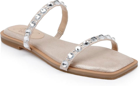 Jewel Badgley Mischka Women's Silver Honesty Flat Gemstone-Studded Straps Slipper | Jewel Badgley Mischka in Lebanon