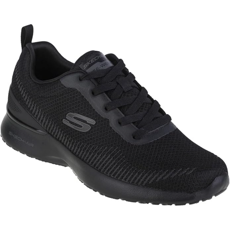 A black Skechers sneaker with a breathable mesh upper, black laces, and a thick black cushioned sole, shown from a three-quarters angle on a white background.