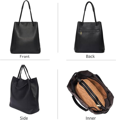 Black handbag shown from front, back, side, and interior views on a white background.