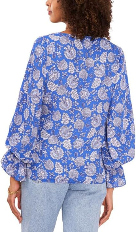 Vince Camuto Women's Royal Blue Floral Printed Smocked Cuff Ruffled Knit Blouse|Vince Camuto In Lebanon