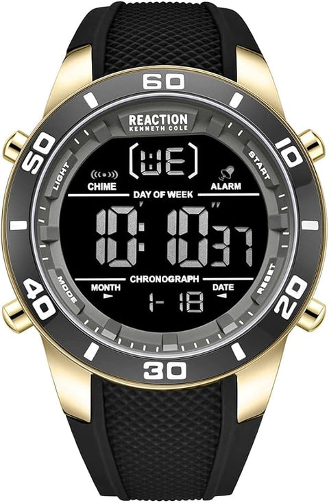 Digital watch with black strap and gold accents on a white background