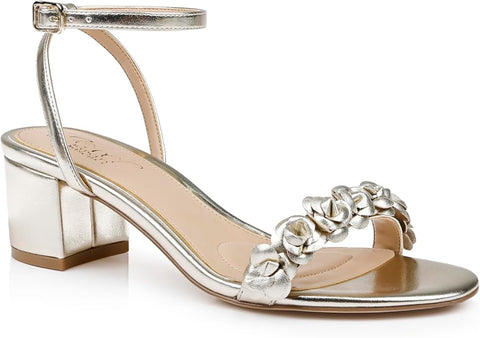 Silver sandal with block heel and floral embellishments on a white background