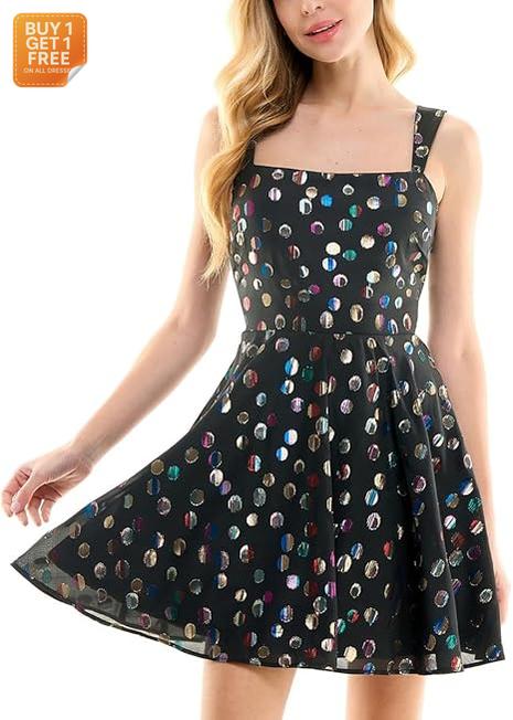 City Studios Women's  Black Polka Dot Chiffon Flare Dress |City Studios In Lebanon