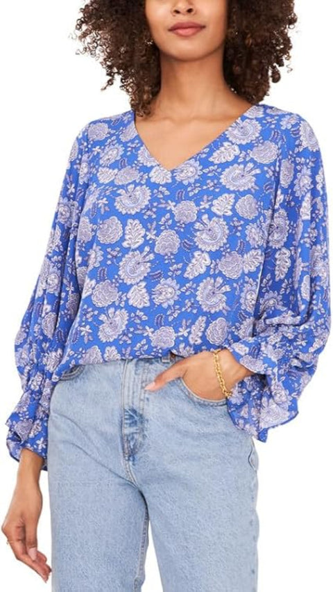 Vince Camuto Women's Royal Blue Floral Printed Smocked Cuff Ruffled Knit Blouse|Vince Camuto In Lebanon