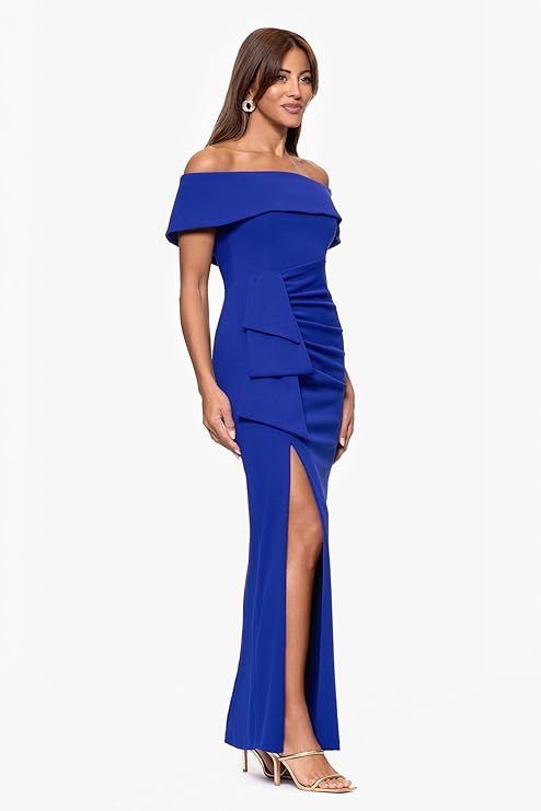 Xscape Women's Blue Long Off Shoulder Scuba Crepe Dress |  Xscape In Lebanon