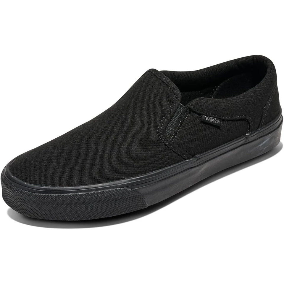 Black slip-on shoe with Vans logo on a white background
