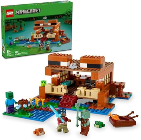 LEGO Minecraft set with building and character pieces on a white background