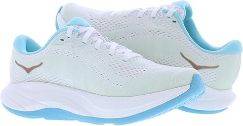 White and light blue running shoes with a brand logo on a white background