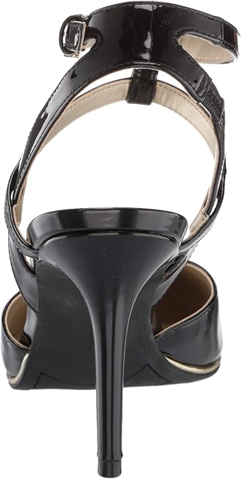 Black high-heeled sandal with a strap on a white background