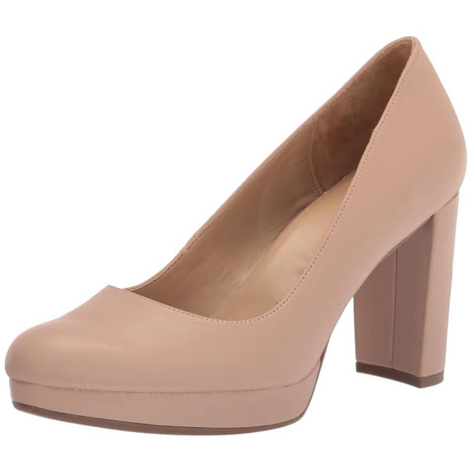 A single women's pump shoe in a light nude beige color, featuring a rounded toe, a low platform sole, and a chunky block heel, shown against a plain white background.