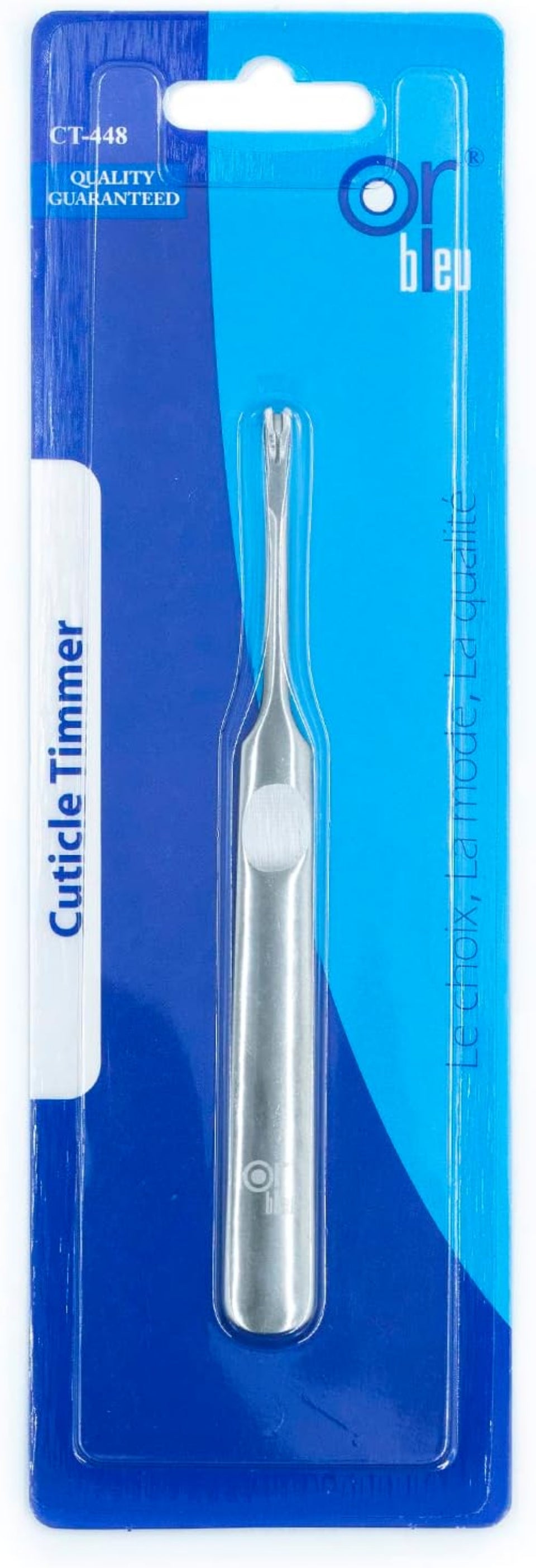 Packaging of Or Bleu Cuticle Timmer CT-448 with the product visible in the center, a high quality stainless steel cuticle trimmer with a comfortable grip.