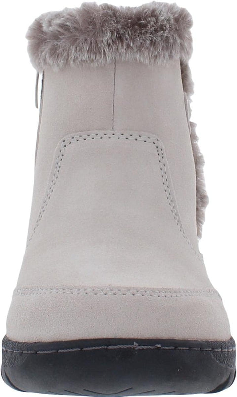 Light gray ankle boot with fur trim on a white background