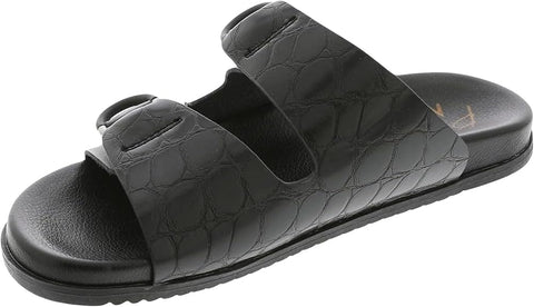 Black sandal with a textured strap design on a white background