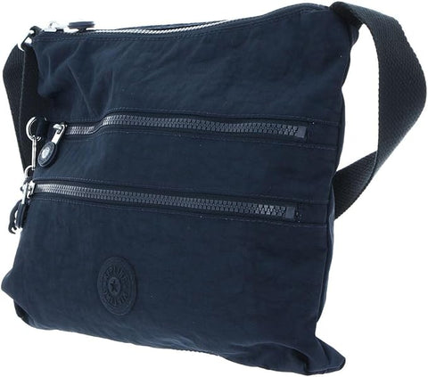 Navy blue shoulder bag with zippers on a white background