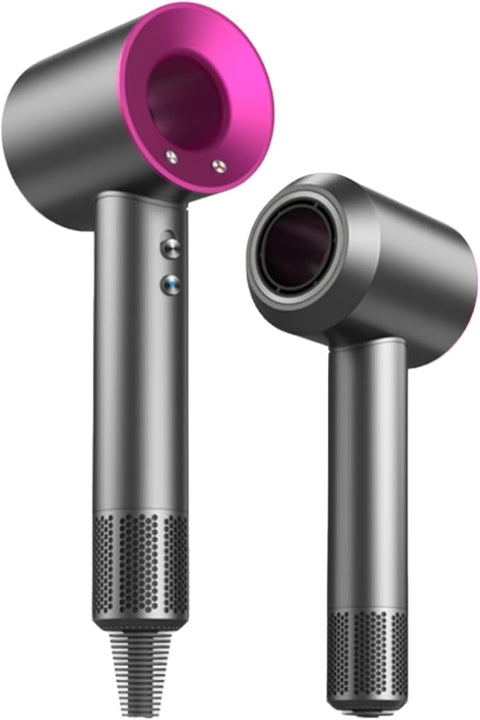 Gray hair dryer with pink nozzle on a white background