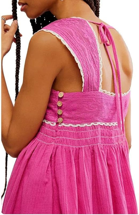 Free People Women's Magenta Floral Lace Halter Elastic Corset Square Neck Sleeveless Flowy Ruched Dresses|Free People In Lebanon
