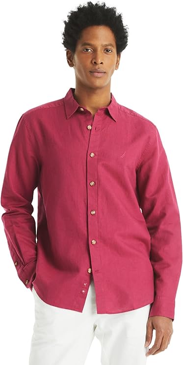 Man wearing a red button-up shirt on a white background
