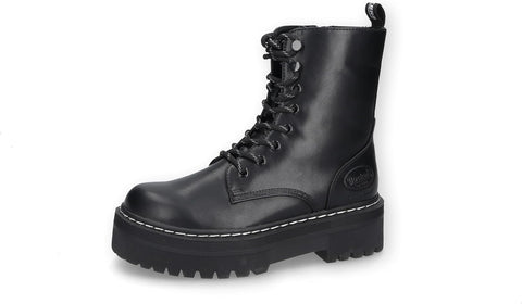 Black leather boot with laces on a white background