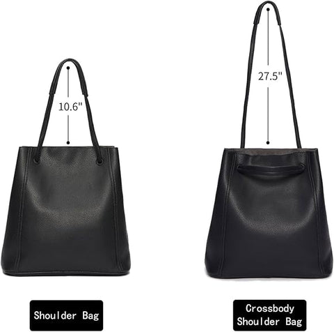 Black shoulder bag and crossbody shoulder bag with measurements on a white background