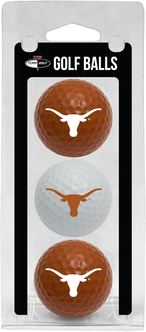 Three golf balls with Texas Longhorn logo in a package on a white background