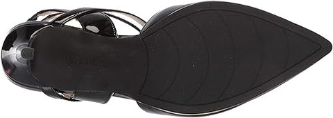 Black sandal with a clear heel and metallic buckle on a black background