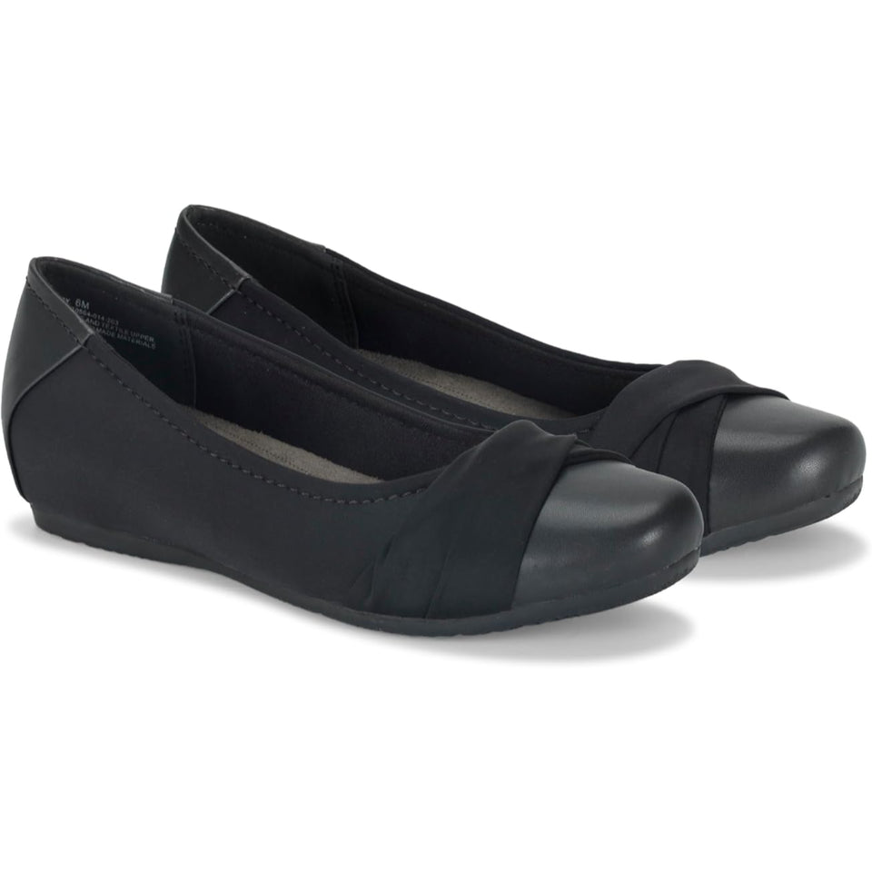 A pair of women's black ballet flats with a smooth matte finish and a contrasting glossy toe cap, shown on a white background.