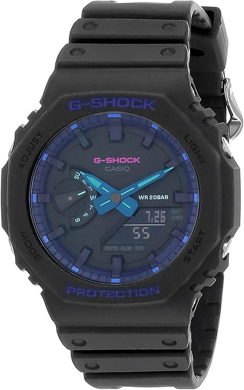 Black Casio G-Shock watch with blue display on a white background