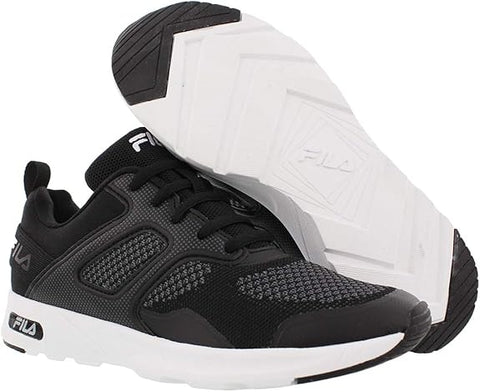 Black and white sneaker with Fila branding on a white background