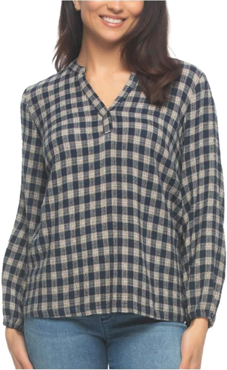 Felina Women's Navy Multicolor Lurex Plaid Long Sleeve Blouse