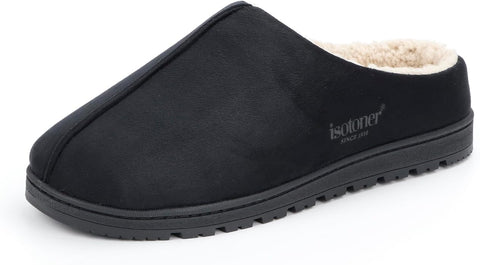 Black slipper with white lining on a white background