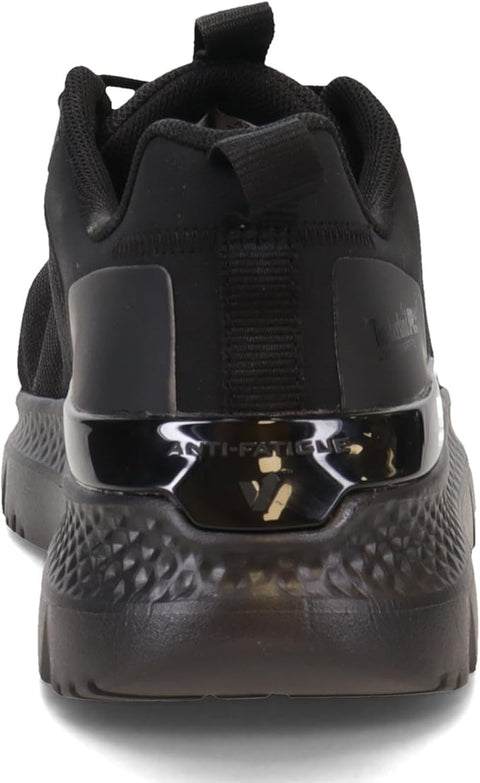 Black athletic shoe with reflective sole on a white background